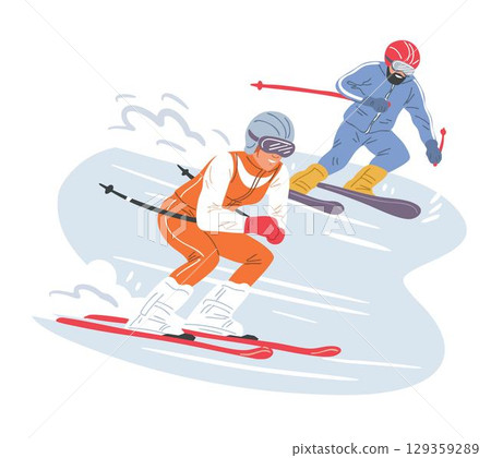 Flat style vector illustration of a couple skiing and snowboarding 129359289