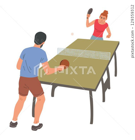 Flat style vector illustration of a couple playing table tennis Flat style vector illustration of a couple playing table tennis 129359312