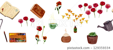 Favorite things: a book, essential oil diffuser, tea, plants, flowers and a diary seamless border. Isolated on white. Watercolor sketch illustrations great for tote bag, poster, card, notebook design 129359334