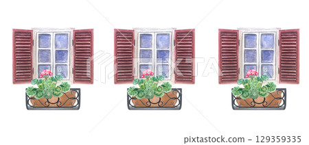 Rustic windows with open wooden shutters, potted geraniums on wrought iron balconies. Hand painted seamless watercolor border isolated on white. Perfect for Mediterranean-themed textiles, cards Rustic windows with open wooden shutters, potted geraniums on wrought iron balconies. Hand painted seamless watercolor border isolated on white. Perfect for Mediterranean-themed textiles, cards 129359335
