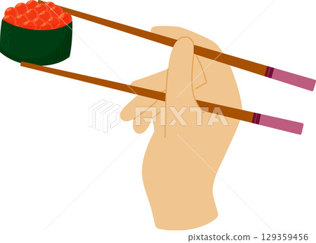Cartoon hand holds chopsticks with red caviar gunkan sushi. Japanese cuisine, traditional food isolated on white background Cartoon hand holds chopsticks with red caviar gunkan sushi. Japanese cuisine, traditional food isolated on white background 129359456