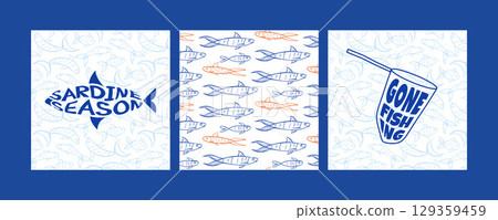 Marine square minimal cards set with doodle fish, anchor, sailor hat and sardines. Perfect for summer design, souvenirs, invitations or decor. Hand drawn vector illustration. 129359459