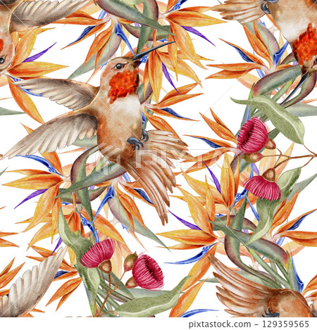 Seamless watercolor pattern with hummingbirds bird of paradise flowers eucalyptus pods and tropical leaves. for fabric wallpaper eco packaging summer branding stationery and jungle-themed products. 129359565