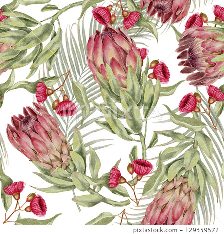 Seamless watercolor pattern with pink protea flowers, eucalyptus gum blossoms, and palm leaves in botanical tropical style. for eco packaging fabric wallpaper cosmetics and jungle-themed branding. 129359572
