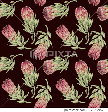 Seamless watercolor pattern with pink protea flowers and green leaves in botanical style. Perfect for fabric design, wallpaper, eco packaging, stationery, wedding decor, and natural cosmetic branding. 129359576