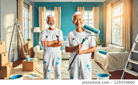 An older Asian painter stands proudly, holding a roller brush in front of a newly painted blue accent wall. The living room features wooden floors, large windows, and furniture covered with protective 129359660