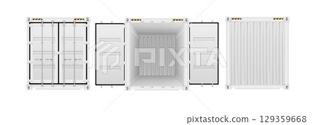Shipping cargo containers with open, closed doors realistic set. Steel freight boxes for storage, transportation. Vector ship container. 129359668