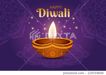 Happy Diwali. Festival of Lights card, banner or poster with oil lamp and manlalas on purple background. Vector illustration. 129359689