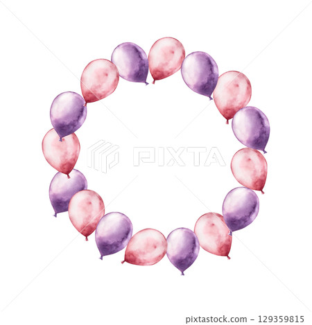 Foil red and purple balloons wreath, frame. Watercolor pastel cotton candy. Hand drawn illustration isolated on background, transparent png. Cartoon illustration. Baby shower design elements. Party Foil red and purple balloons wreath, frame. Watercolor pastel cotton candy. Hand drawn illustration isolated on background, transparent png. Cartoon illustration. Baby shower design elements. Party 129359815