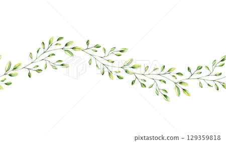Green simple spring branch with leaves seamless banner, border. Watercolor twig. Hand drawn wildflower illustration isolated on background, transparent png. Botanical and wedding illustration. Baby Green simple spring branch with leaves seamless banner, border. Watercolor twig. Hand drawn wildflower illustration isolated on background, transparent png. Botanical and wedding illustration. Baby 129359818