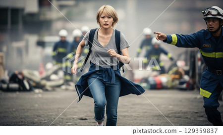 一名女孩跑著從災難現場撤離 129359837