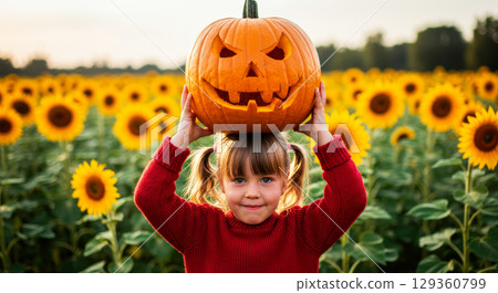 Smiling girl with a jack-o'-lantern on her head in a sunflower field, celebrating autumn and Halloween 129360799