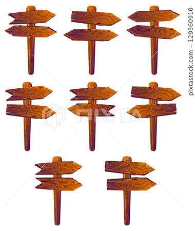 Set of Wooden Direction Signposts with Arrows 129360910