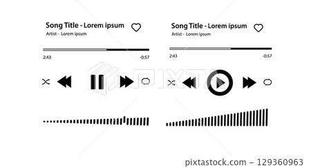Music player Song plaque with buttons loading bar equalizer sign sound wave and frame for album photo. Trendy music player interface . Vector 129360963