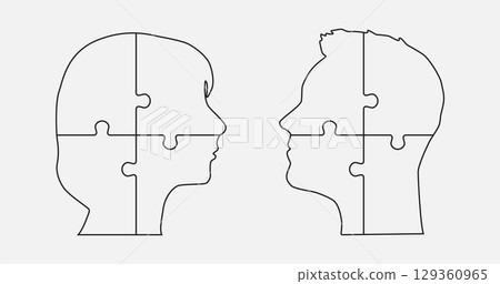 Head woman and man made puzzle pieces, education Head woman and man made puzzle pieces, education 129360965