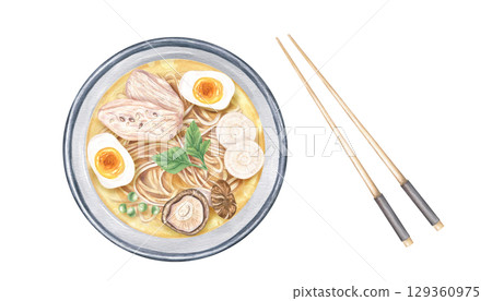 Asian ramen noodle soup with mushrooms, eggs, daikon and chicken slices watercolor illustration on isolated background. Japanese, Korean or Chinese broth in bowl with meat, vegetables and noodles. Asian ramen noodle soup with mushrooms, eggs, daikon and chicken slices watercolor illustration on isolated background. Japanese, Korean or Chinese broth in bowl with meat, vegetables and noodles. 129360975