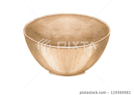 Traditional Asian ceramic bowl for soup or tea, painted watercolor. Empty food brown plate sketch on isolated background. Round Handmade pottery for menu design, cultural publication, oriental cuisine 129360981
