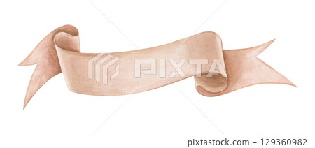 Hand painted watercolor waving banner ribbon with space for text. Flag tape in dusk pink colors. Decorative template isolated illustration for wedding invitations, labels, badges, romantic design. 129360982