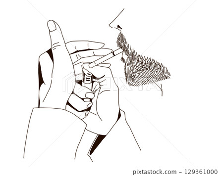 簡單的線條畫手插畫系列:用打火機點火的手和留著鬍鬚的男人的嘴 簡單的線條畫手插畫系列:用打火機點火的手和留著鬍鬚的男人的嘴 129361000