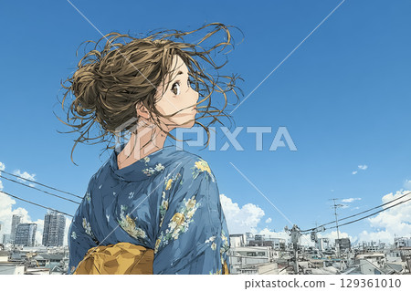 Miyu Series: A young woman in a kimono standing under a blue sky 129361010