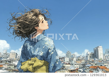 Miyu Series: A young woman in a kimono standing under a blue sky 129361013