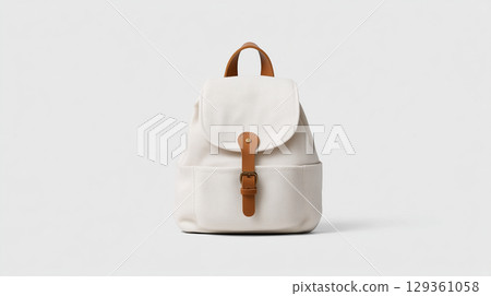 Stylish white canvas backpack with leather straps for back to school 129361058