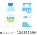 Kefir in bottle packaging and milk illustration flat style. Fermented milk product. Vector illustration 129361090