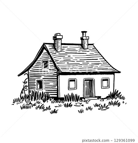 Simple house outline engraving illustration, minimalist dwelling, real estate icon design 129361099