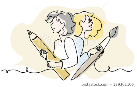 Two young women girls hold big pencil and big painting brush. Concept of creativity and creation Two young women girls hold big pencil and big painting brush. Concept of creativity and creation 129361106