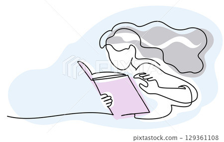 Back to school card. Girl student reading book. Continuous one line drawing. Back to school card. Girl student reading book. Continuous one line drawing. 129361108