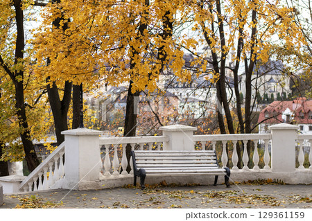Park bench surrounded by vibrant autumn leaves during fall season 129361159