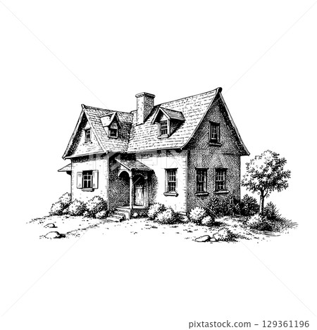 Simple house outline with trees and bushes engraved vector illustration 129361196