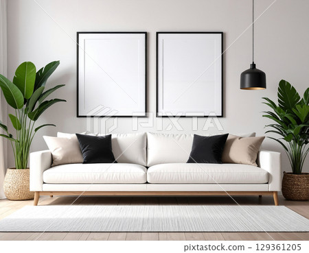 Minimalist Living room with two Blank Poster Frames 129361205