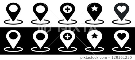 Map location pin, favorite location marker. Map pointer with star, heart icon illustration. 129361230
