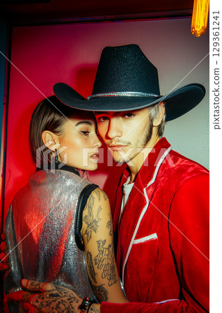 A man and a woman are posing for a picture in a red outfit 129361241