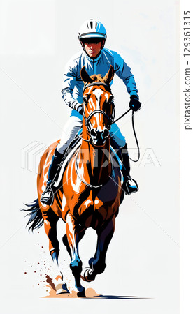 Horse jockey riding on gallop. Equestrian cartoon style color illustration on a white background. 129361315