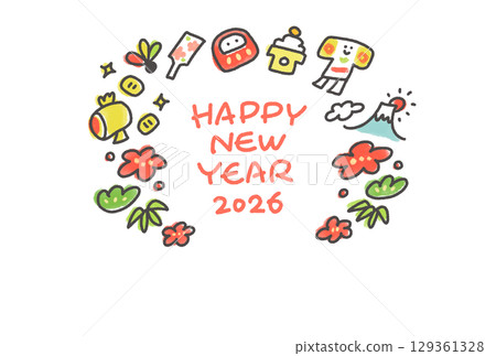 可愛的手繪新年賀卡，上面有新年吉祥物：2026 年、富士山、初升日出、松樹、竹子和梅花 129361328