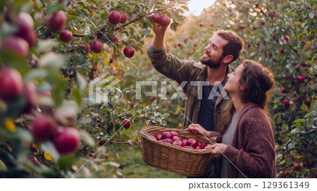 happy couple, a man and a woman, are smiling and joyfully harvesting ripe red apples from trees in a lush orchard at sunset. The woman holds a woven basket filled with freshly picked fruit 129361349