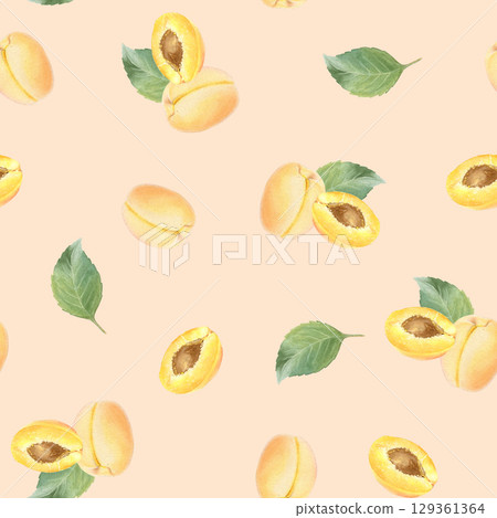 Seamless watercolor pattern with hand drawn apricot with leaves and half apricot. Seamless watercolor pattern with hand drawn apricot with leaves and half apricot. 129361364