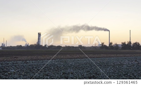 Heavy gray smoke is poured from the chimney pipes of thermal power plant. Carbon dioxide emitting from chimneys from industrial factory into the atmosphere. Concept of environmental pollution problem 129361465