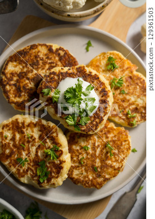 Vegetarian cauliflower pancakes, fritters served with sour cream  129361503