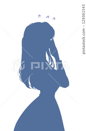 Woman in trouble, one-piece dress, side view, silhouette Woman in trouble, one-piece dress, side view, silhouette 129361543