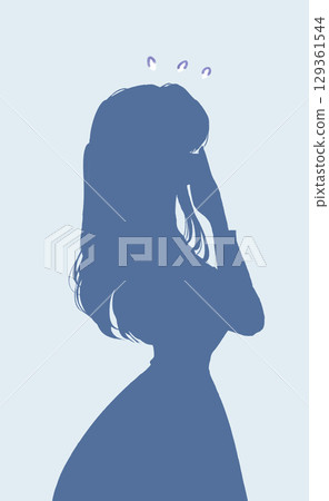 Woman in trouble, one-piece dress, side view, silhouette Woman in trouble, one-piece dress, side view, silhouette 129361544