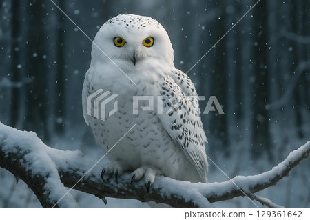 Photorealistic Snowy Owl Perched on Frozen Branch in Winter Forest Scene 129361642