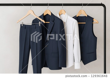 Stylish Blue Formal Suit Set Hanging on Black Clothing Rack 129361648