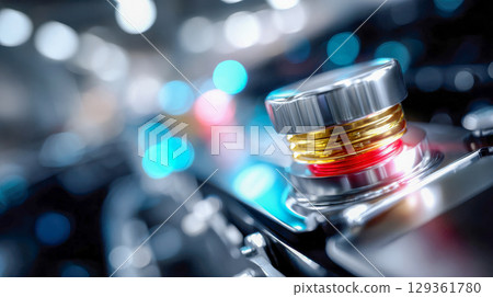 Shiny red and yellow oil filler cap on a metallic engine surface in a high-tech automotive environment 129361780