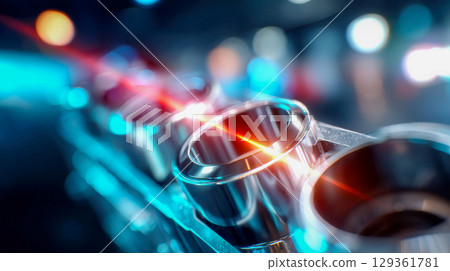 Highly detailed view of a polished silver engine block with laser reflections and vibrant blue-red lighting in an industrial setting 129361781