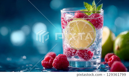 Refreshing detox drink with lime slices, raspberries, mint, and bubbles in a clear glass on a blue background 129361799