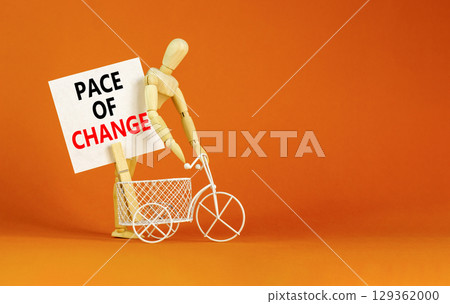 Pace of change symbol. Concept words Pace of change on beautiful white card. Beautiful orange background. Businessman model. Business pace of change concept. Copy space. 129362000