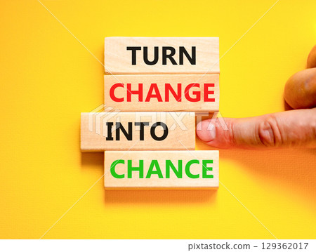 Turn change into chance symbol. Concept words phrase Turn change into chance on beautiful wooden blocks. Beautiful yellow paper background. Business Turn change into chance concept. Copy space. 129362017